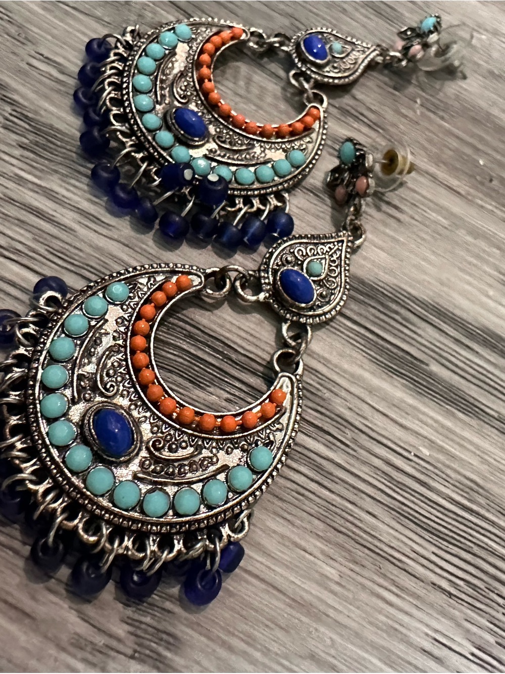 Boho Crescent Dangle Earrings in Turquoise & Coral - Picture 2 of 5